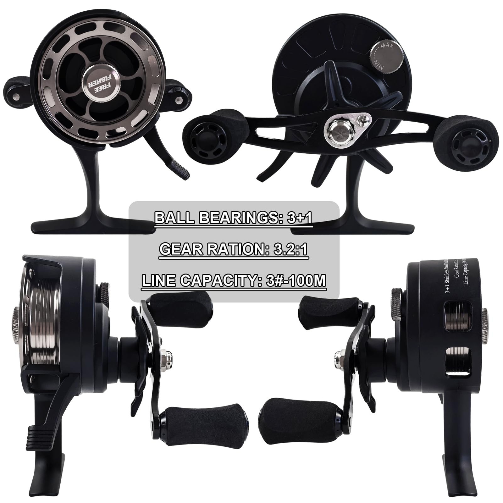 Fisher Ice Fishing Reel 3.2:1 Gear Ratio Ultra Smooth 3+1Ball Bearings Strength