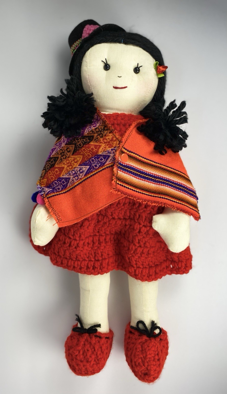 Peruvian Doll Handmade, With A Crochet Dress And Peruvian Pashmina And Hat