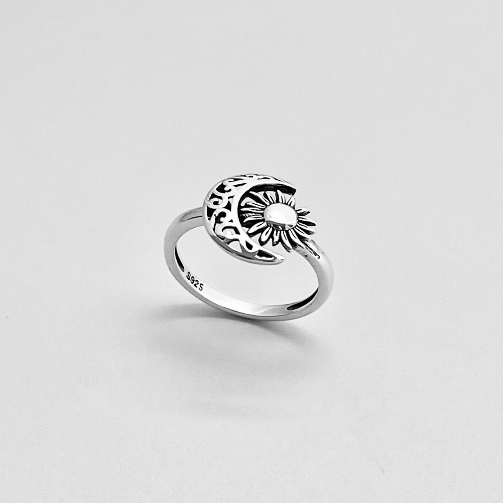 Sterling Silver Filigree Moon Face and Sun Ring, Celestial Silver Rings