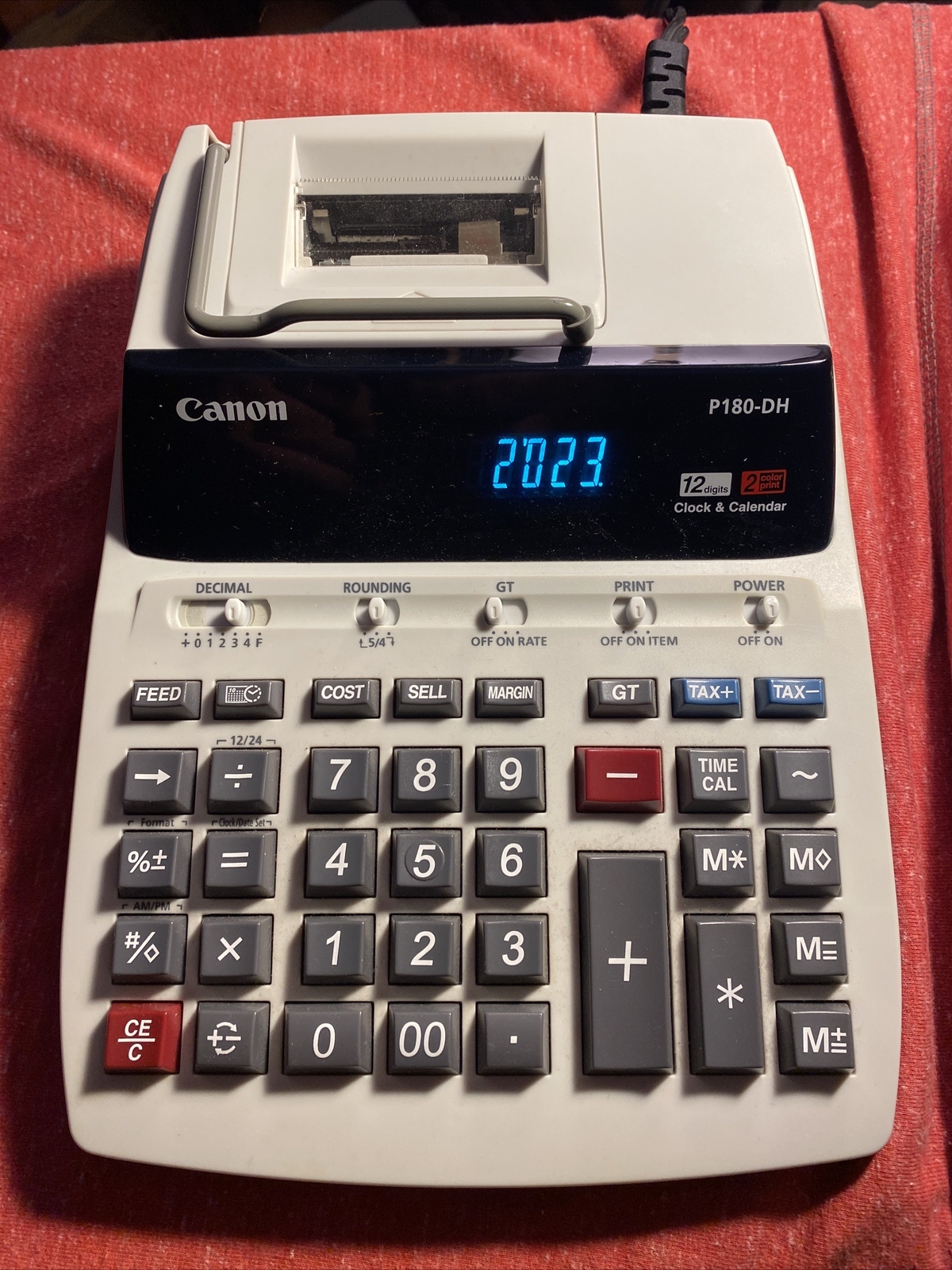 Canon P180-DH Printing Calculator 12 Digit 2 Color Clock & Calendar + 3 Rolls