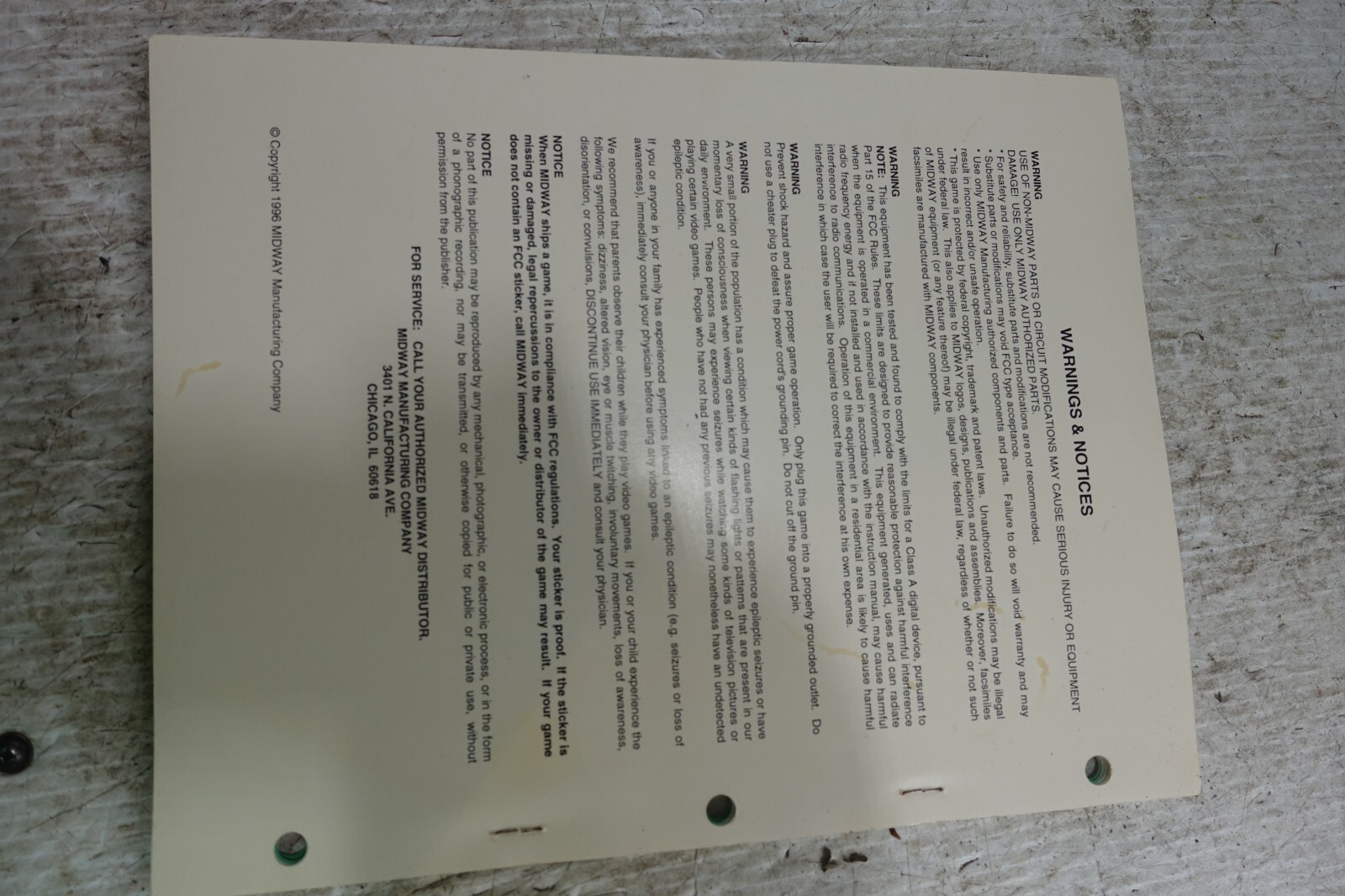 Midway War Gods Arcade factory manual