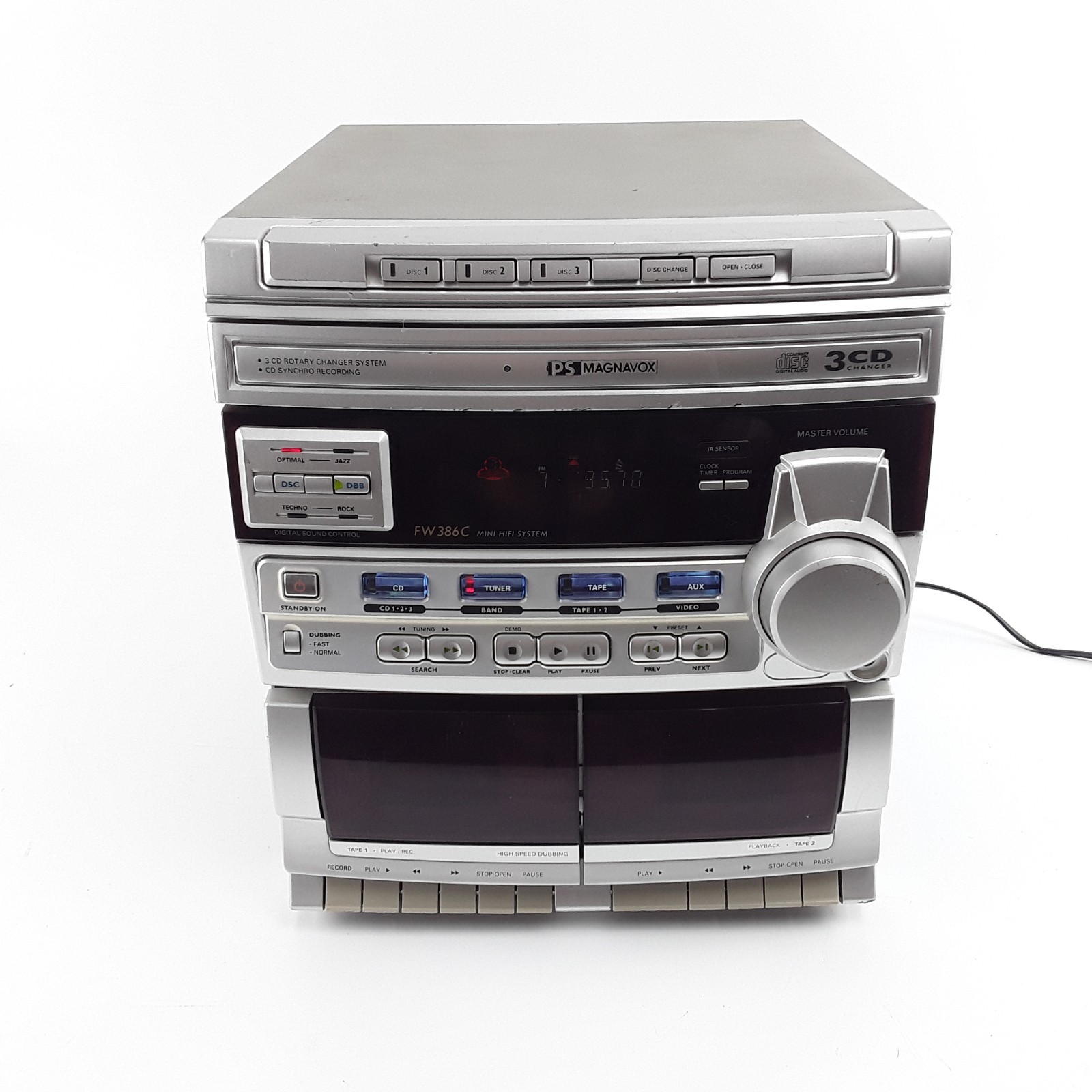 Philips Magnavox FW386C Mini Hi-Fi System 3-CD Changer Dual Cassette Radio Works