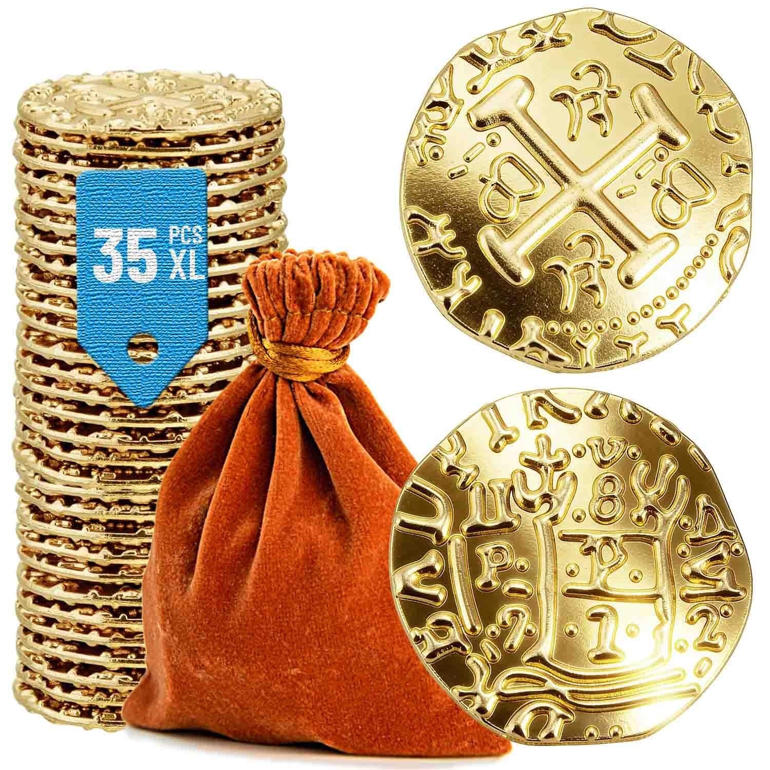 Metal Pirate Coins, 35PCS X Large Gold Treasure Coin Set Spanish Doubloon Rep...