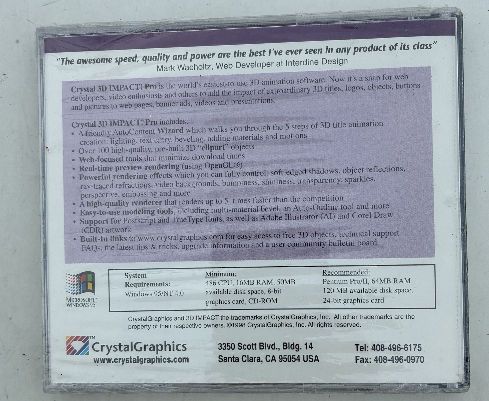 Crystal Graphics 3D Impact Pro Windows 95 Software NEW SEALED