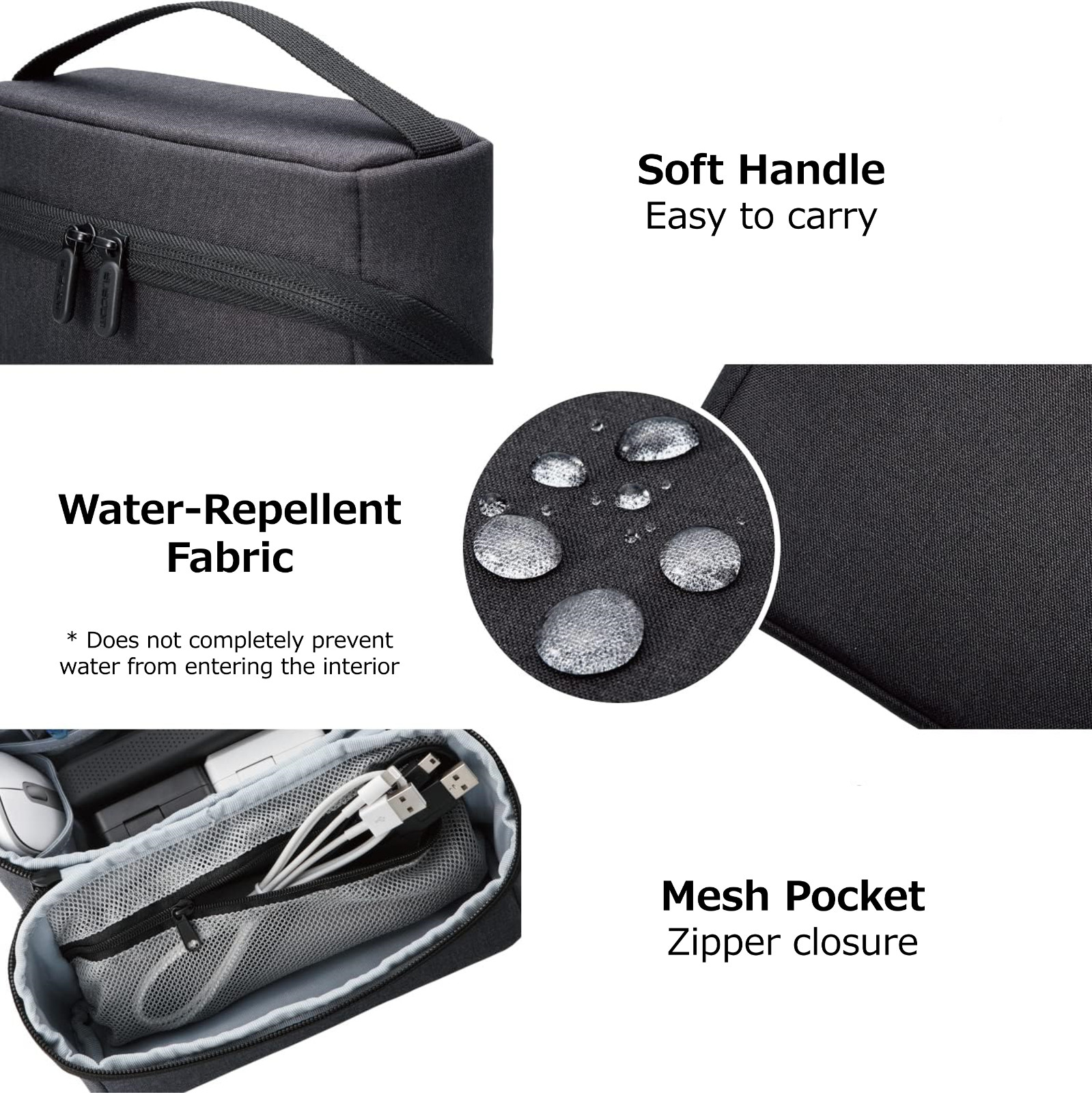 ELECOM Self-Standing Gadget Organizer Pouch w/ Handle Black BMA-GP18NBK