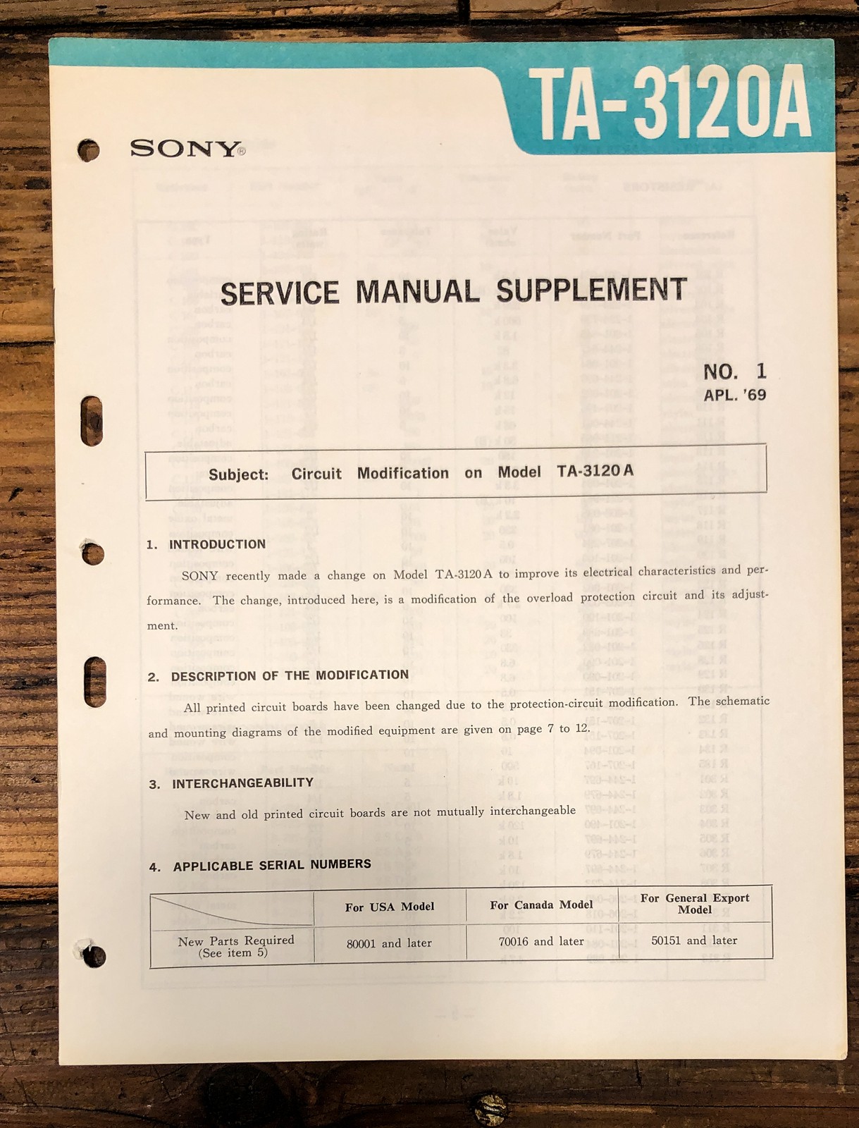 Sony TA-3120A Amplifier Supp. Service Manual *Original*
