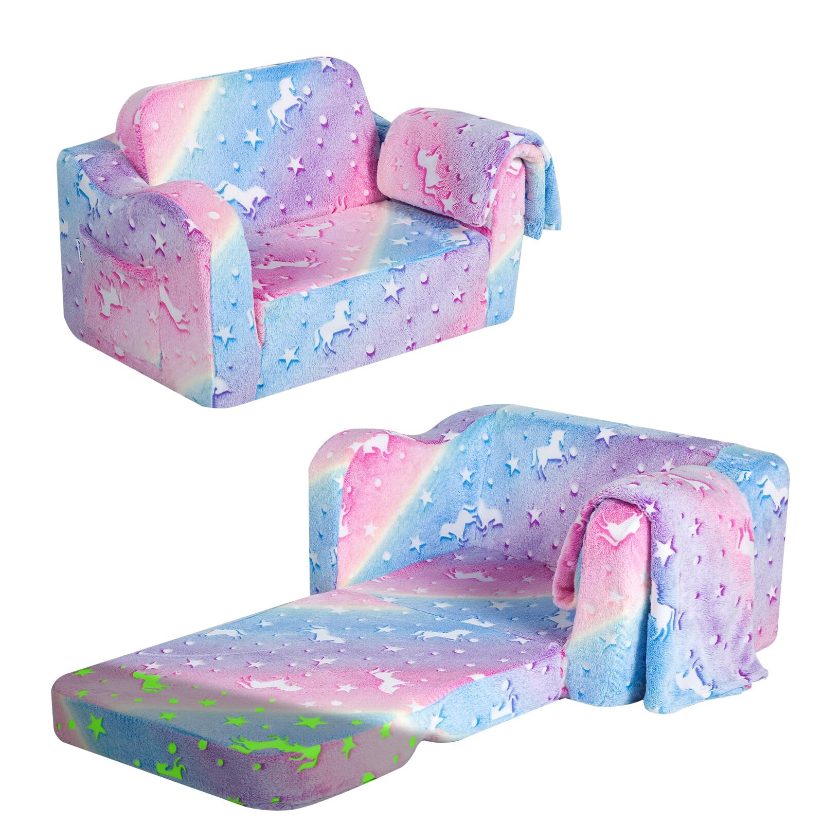 Kids Couch Fold Out Flip Out Sofa Chair with Blanket Foldable Toddler Couch f...