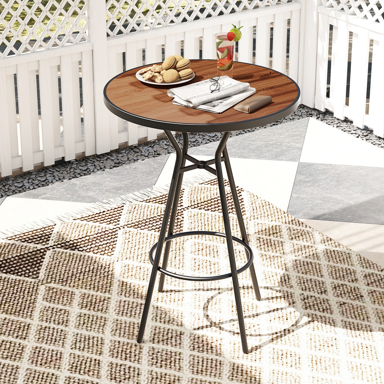 28'' Outdoor Bar Table w/ Wood-Like Tabletop Umbrella Hole & Footrest for