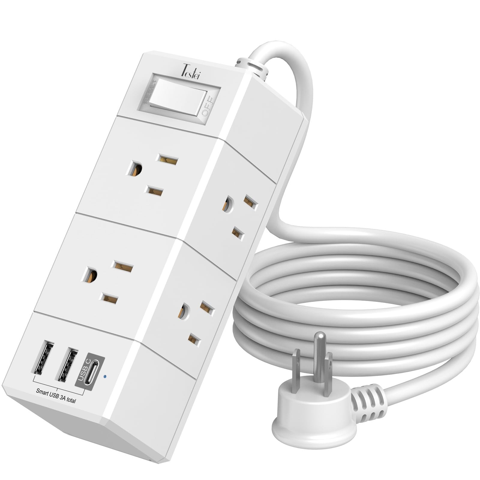 5Ft Outlet Extender Power Strip - Tcstei Flat Plug Extension Cord 5 Ft, White