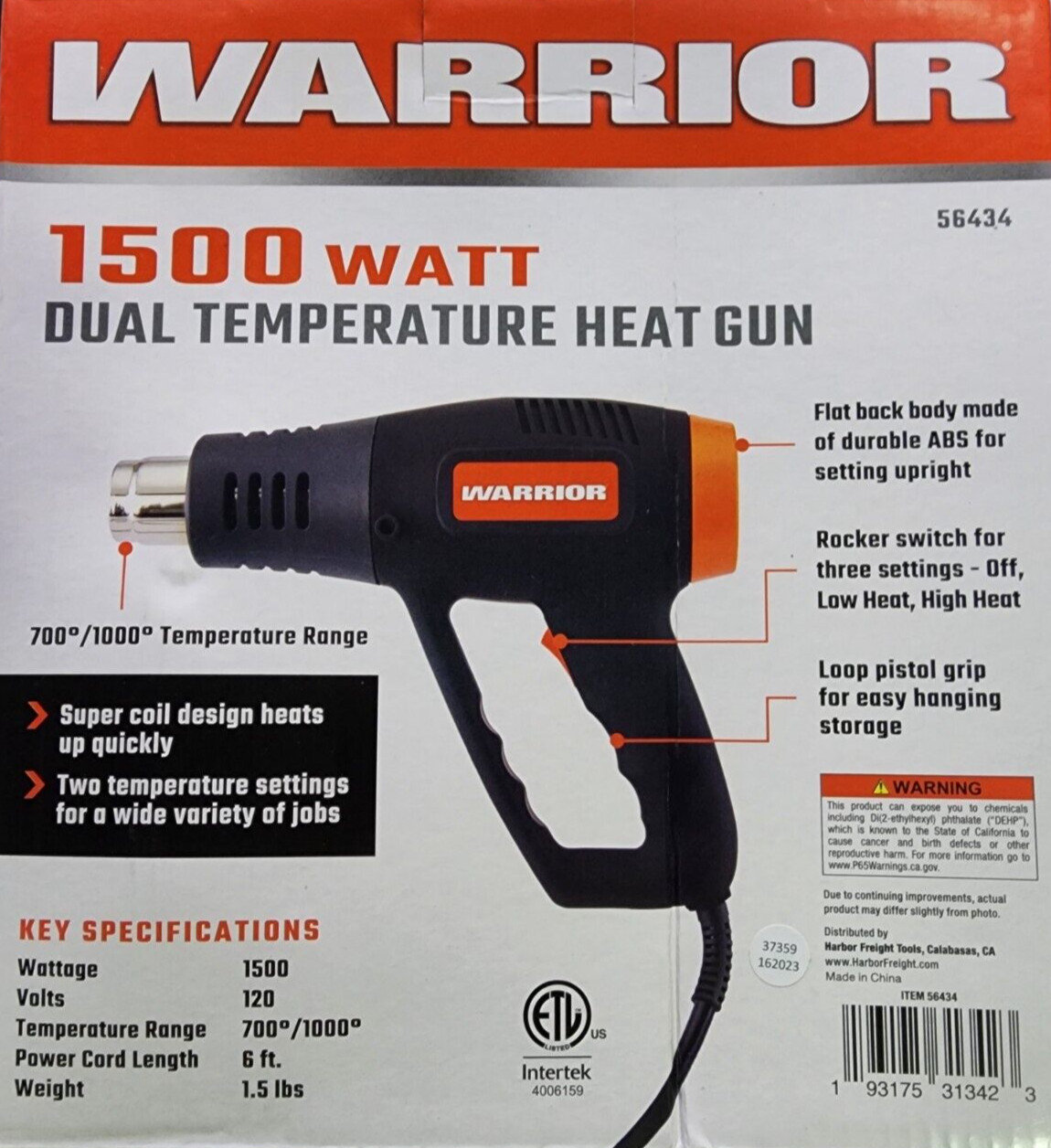 WARRIOR  1500 Watt 11 Amp Dual Temperature Heat Gun heat gun has two settings