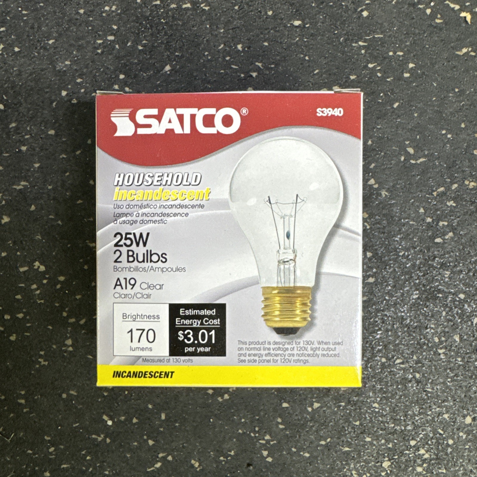 SATCO/ S3940 / 25W A19 130V/ CLEAR  HOUSEHOLD LIGHT BULB/ BRASS BASE ( L30LOBY