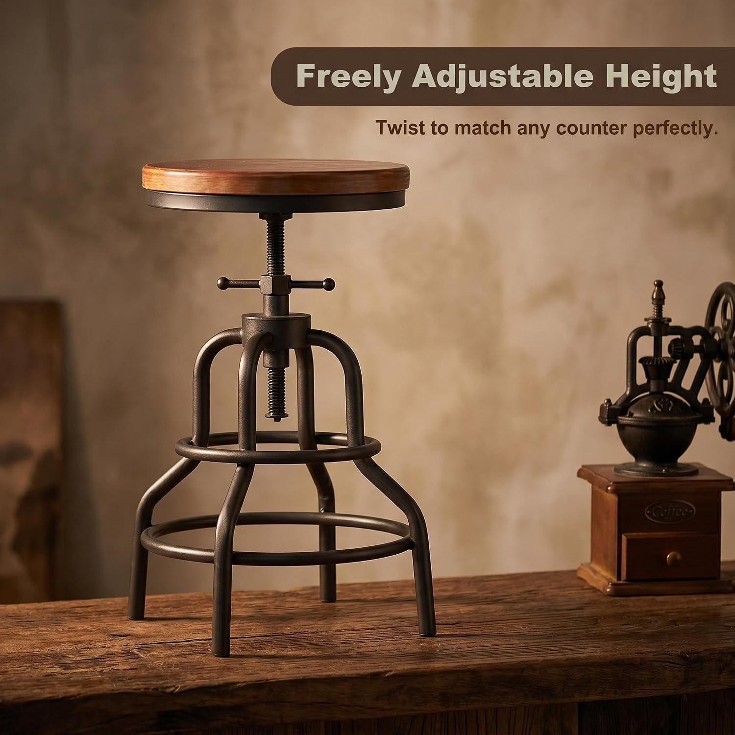 Industrial Bar Stools, Screw Twist Height Adjustable Counter Stool with round So