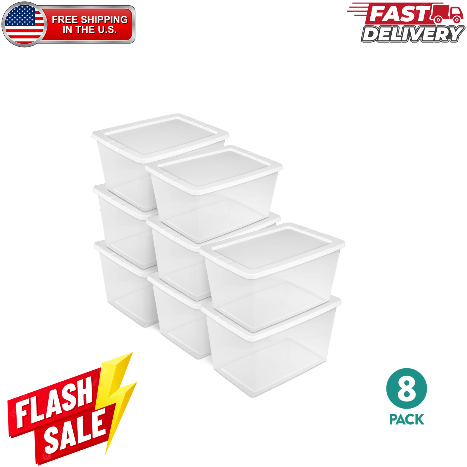 58Qt Storage Box 8 Pack Clear Plastic Bin, White Snap Lid Stackable
