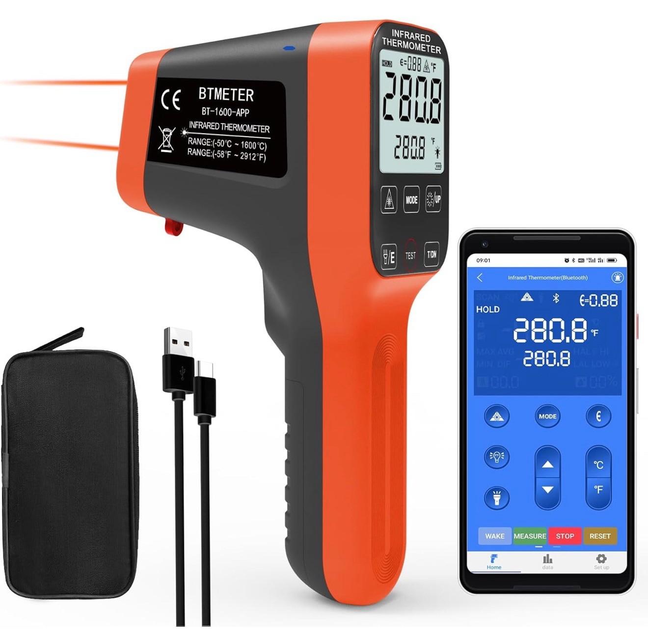 Digital Laser Infrared Thermometer 30:1 BT-1600APP with Data Logging