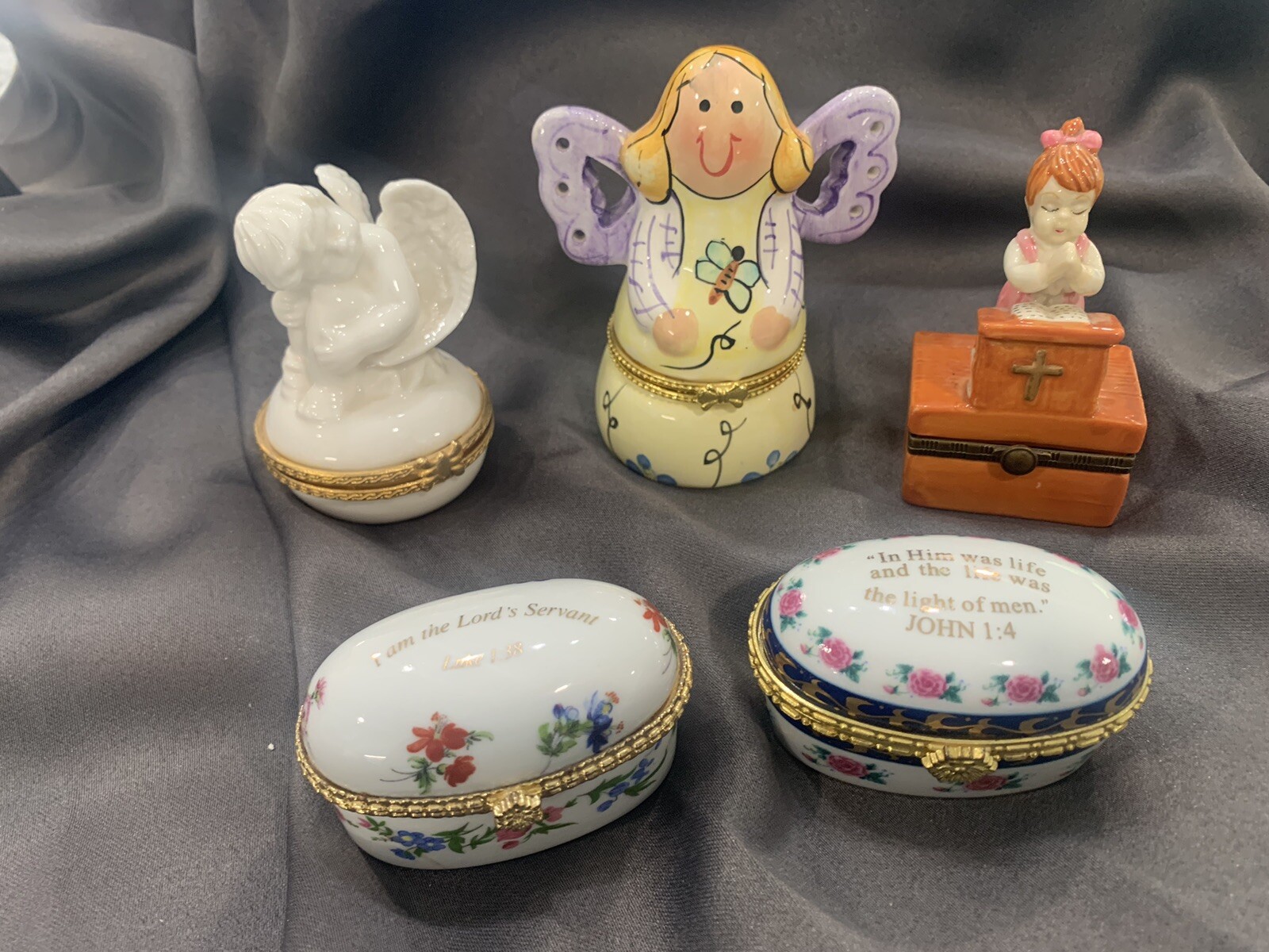 Vintage Porcelain Hinged Boxes Lot Of 5 - Religious Themed