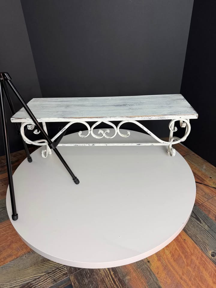Distressed White Wood & Metal Wall Shelf With Scrollwork Decor