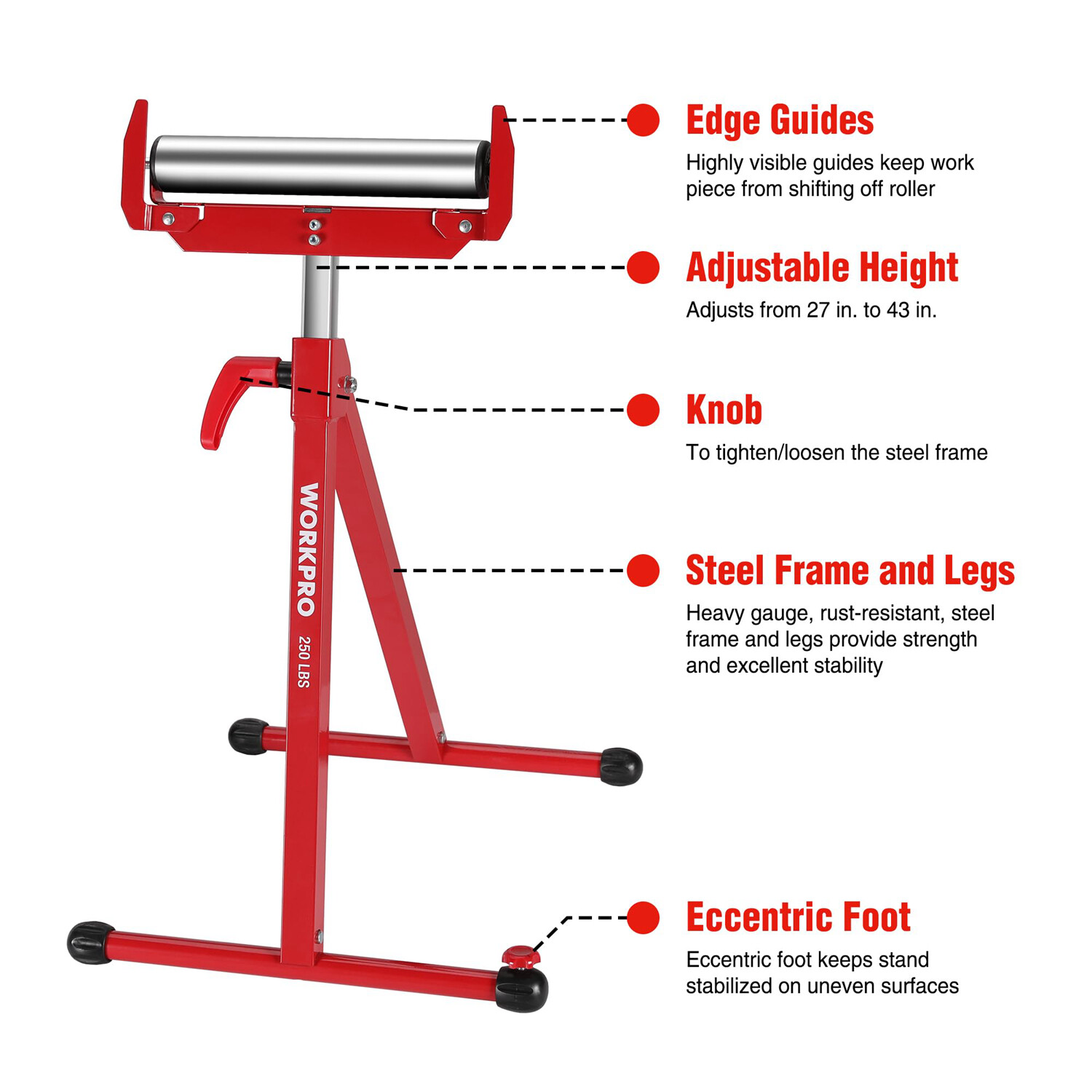 WORKPRO 2-Pack Folding Roller Stand Sawhorse 250 Lbs Load MAX Height Adjustable