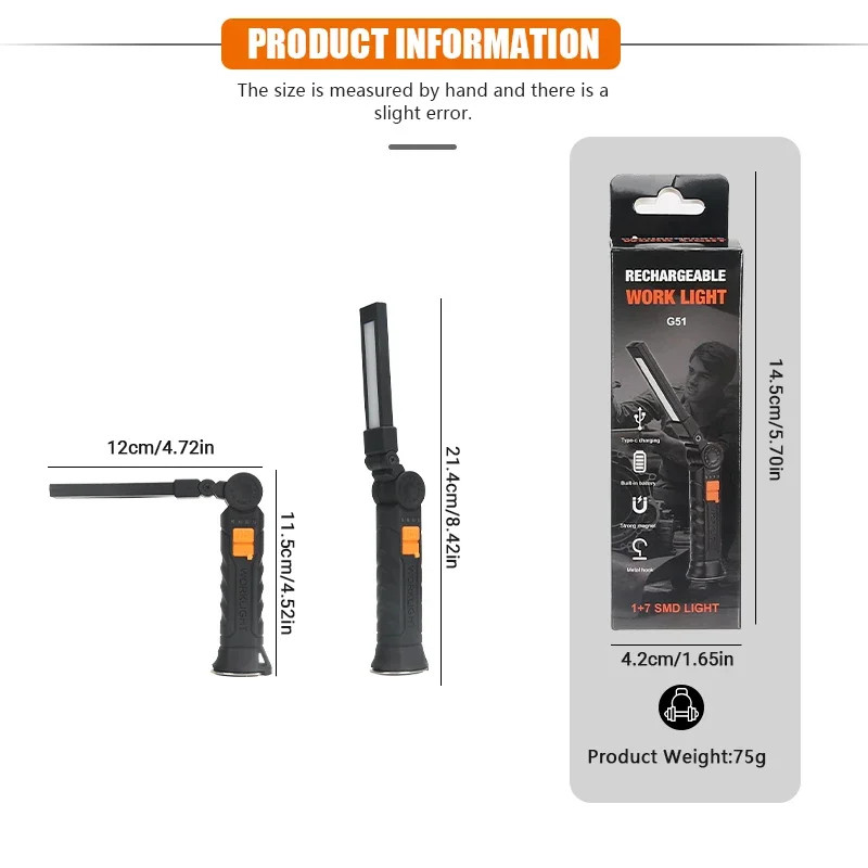 Portable COB LED Flashlight USB Rechargeable Work Light Magnetic Lanterna