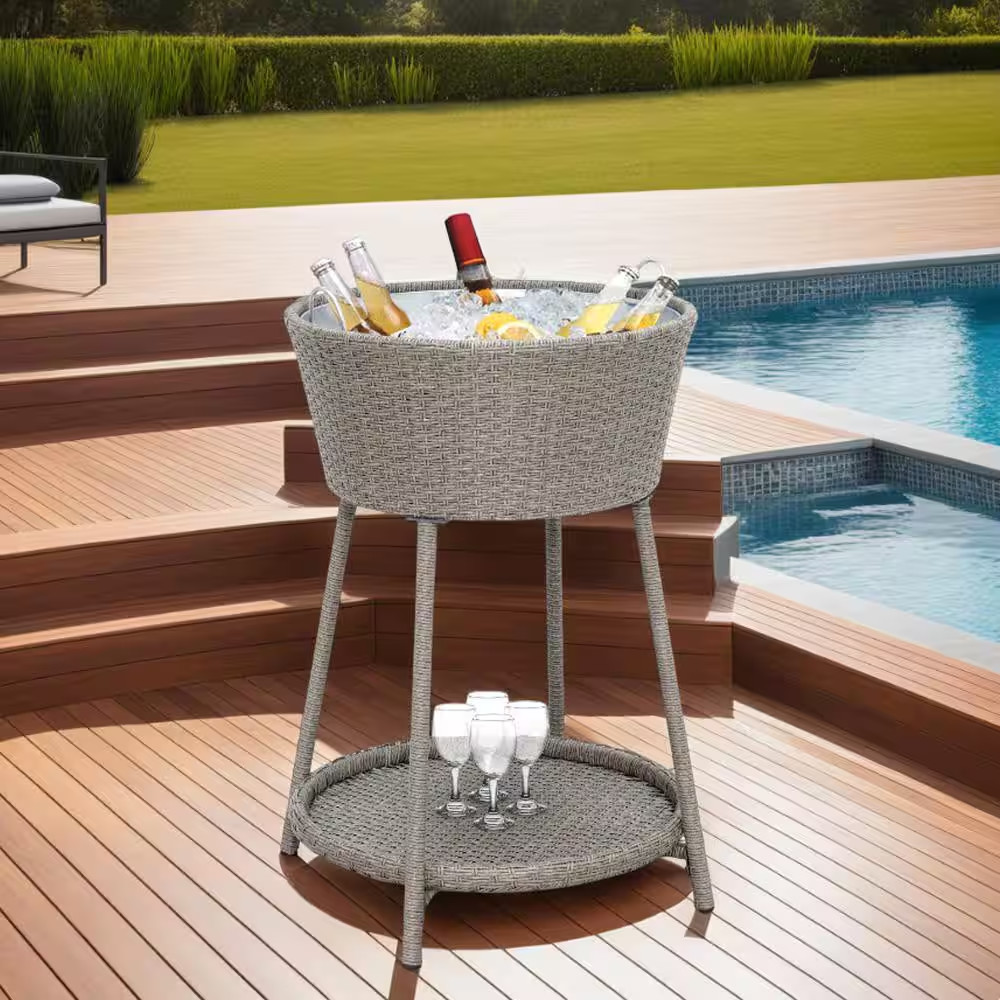 33.5 in H Grey round Wicker Outdoor Side Table Ice Cooler Table with Bucket and