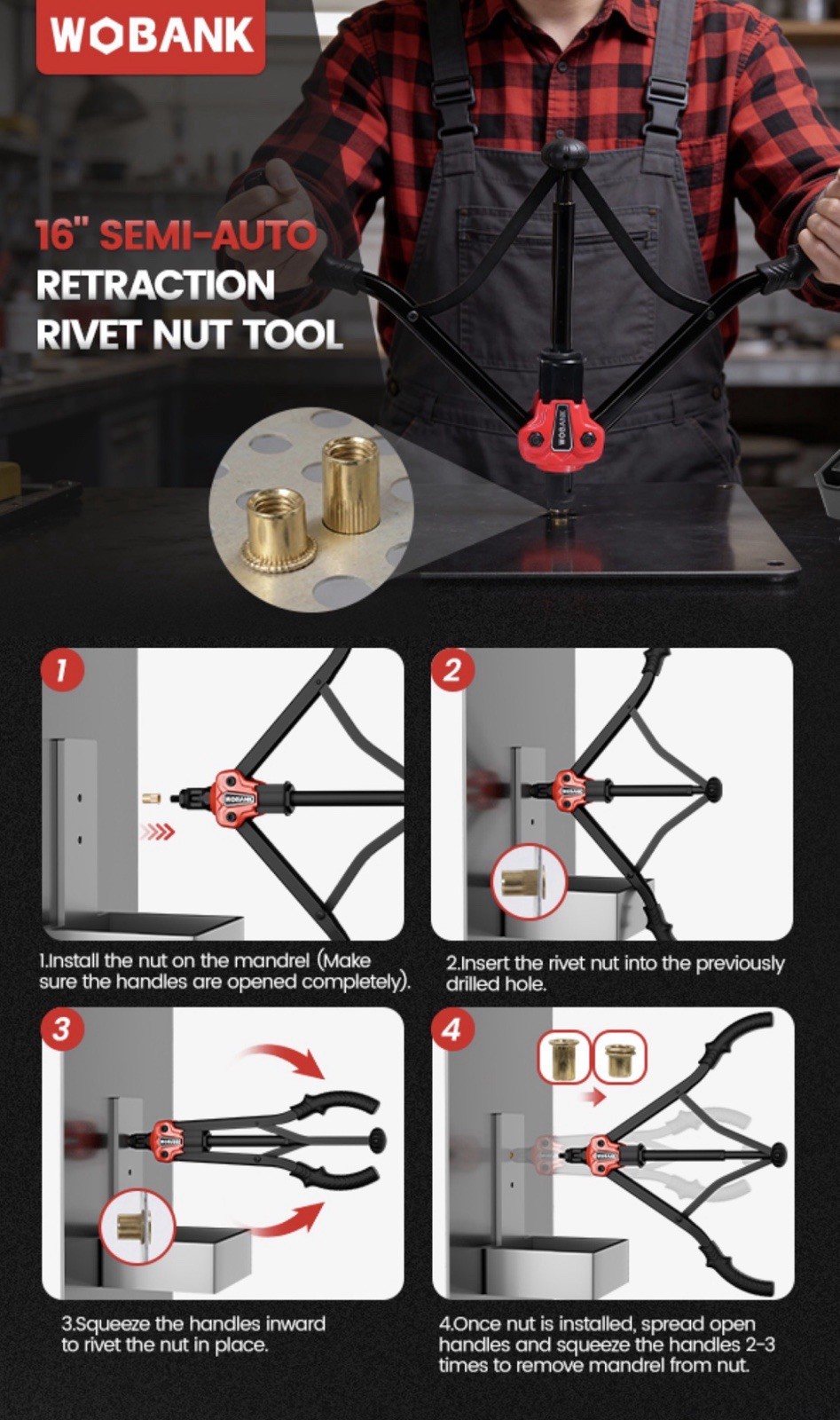 WOBANK 16” RIVET NUT TOOL KIT [Missing Pieces: See Pics/description]