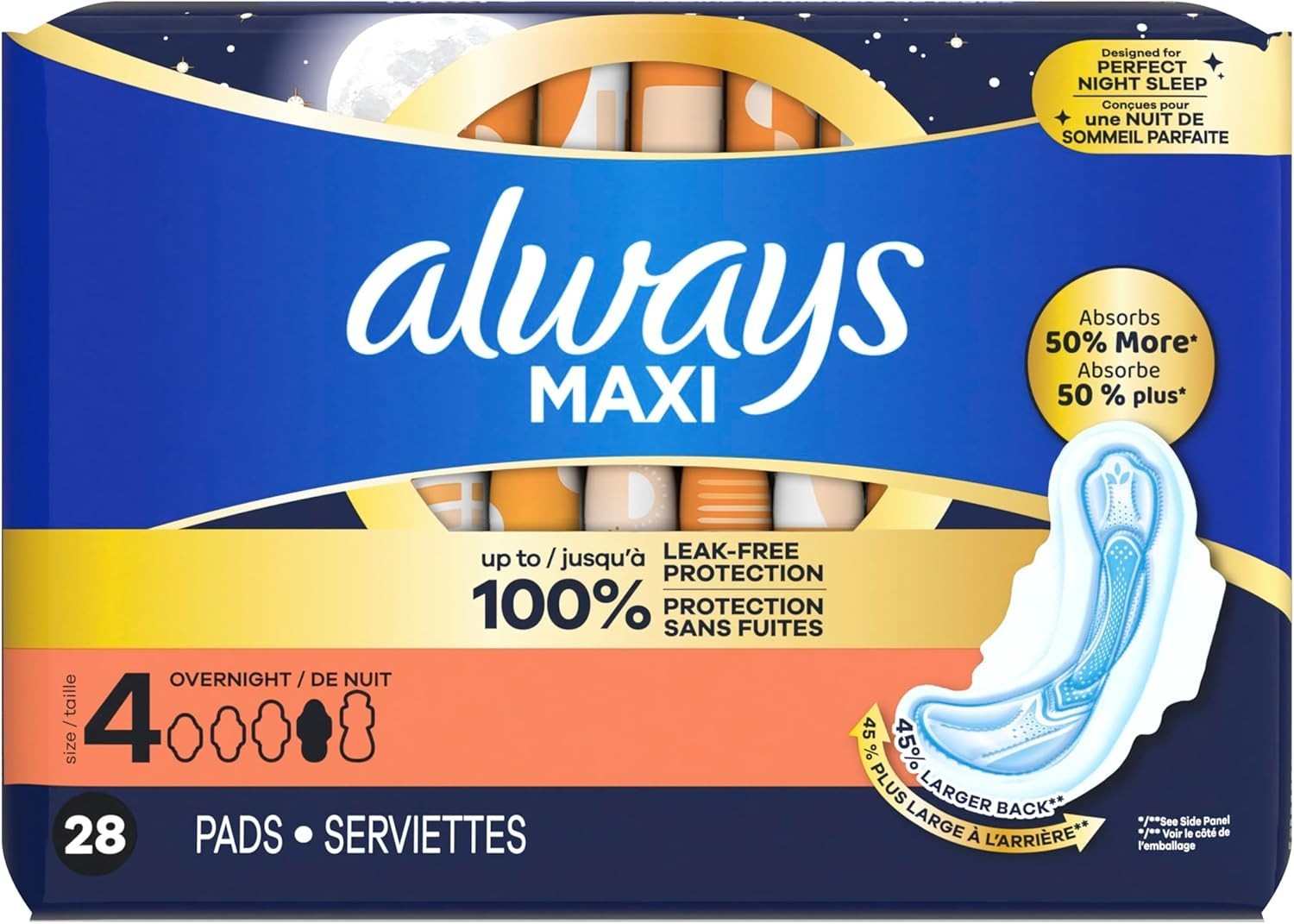 Always Maxi Overnight Pads with Wings Size 4 Unscented 84 Count