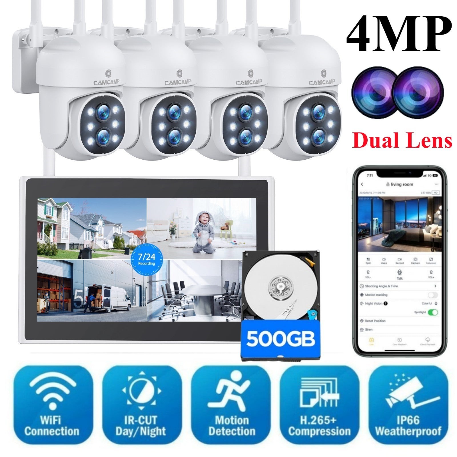 Wireless Security Camera System with Monitor Outdoor 4 WiFi Cameras Home LCD NVR