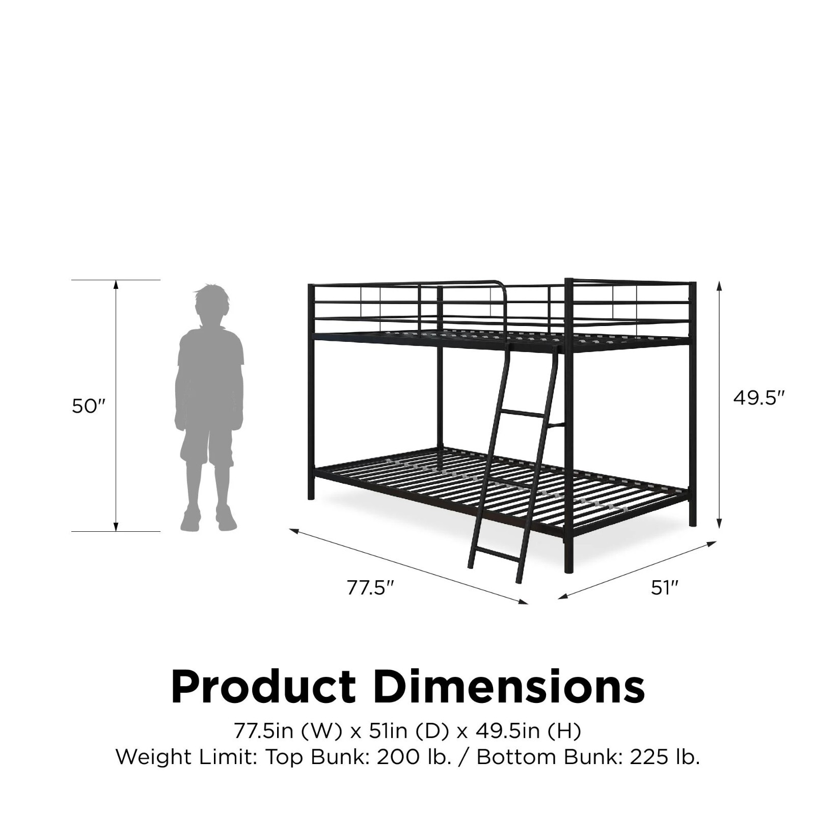 Small Spaces Twin-over-Twin Low Profile Junior Bunk Bed, Silver