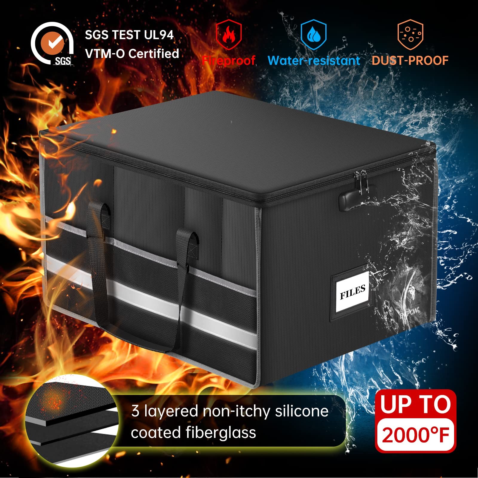Fireproof Document Box with Lock, File Storage Organizer Box with Inserts ＆Me...