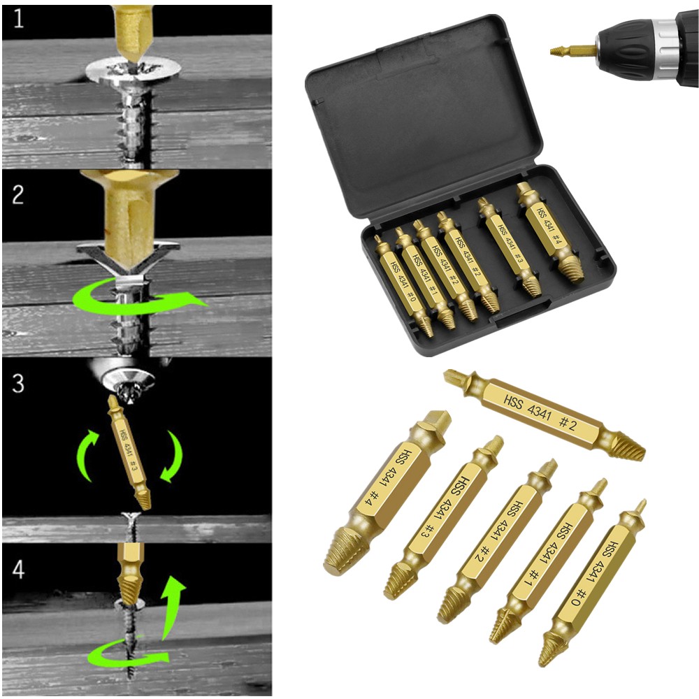 6 Piece Damaged Screw Extractor Tip Drill Bit Stripped &Broken Bolt Removal Tool