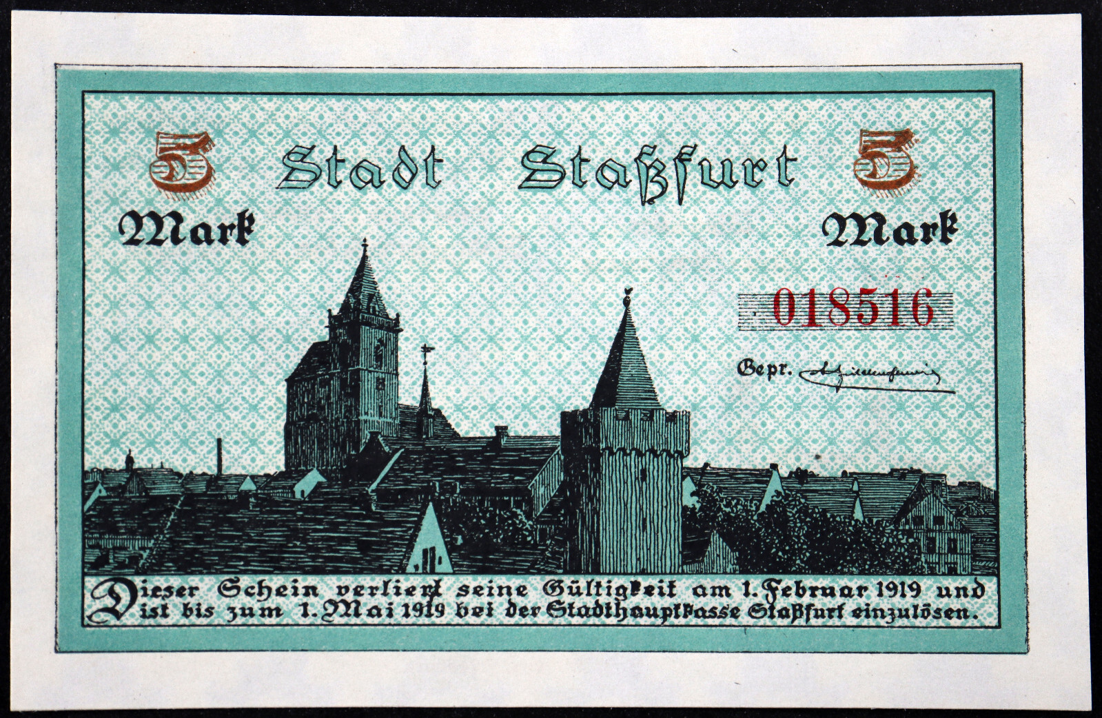 STASSFURT 1918 RARE Watermark 5 Mark Grossnotgeld German Notgeld Banknote