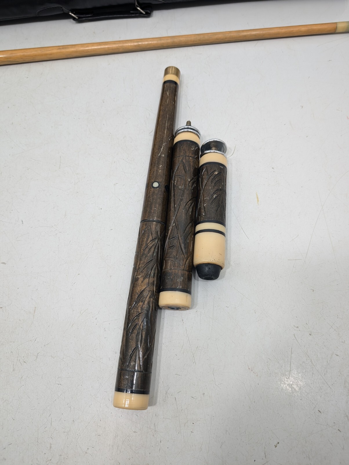 Vintage Pool Cue With Case - Tiki Bar Style Carved Wood Unique - Made In Hawaii