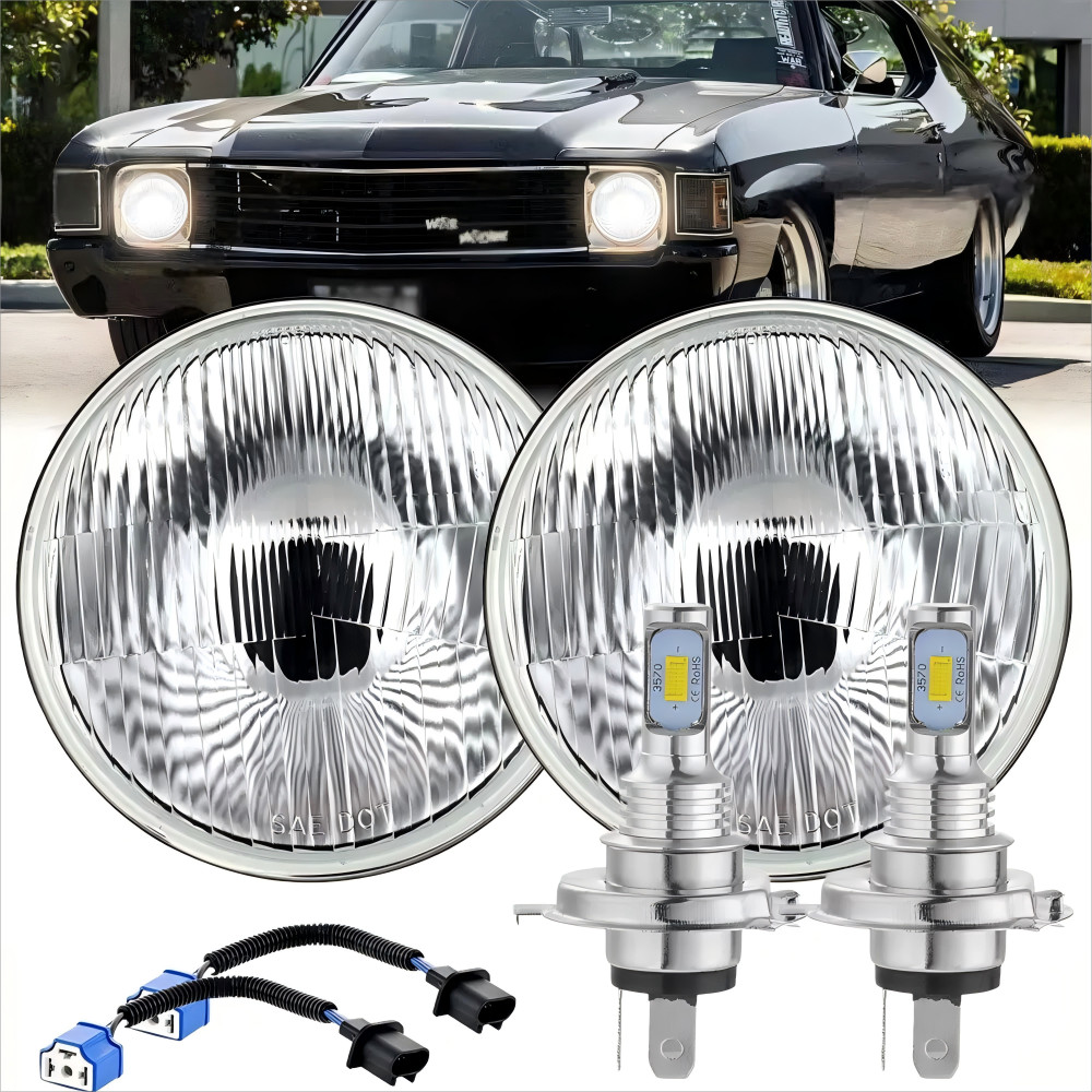 Pair H4 LED For Chevy Chevelle 1971 1972 1973 7INCH LED Headlights HI/LO Beam A+
