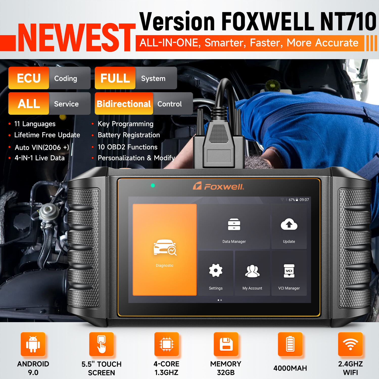 FOXWELL NT710 For Benz All Bidirectional Car OBD2 Scanner Diagnostic E-CU Coding