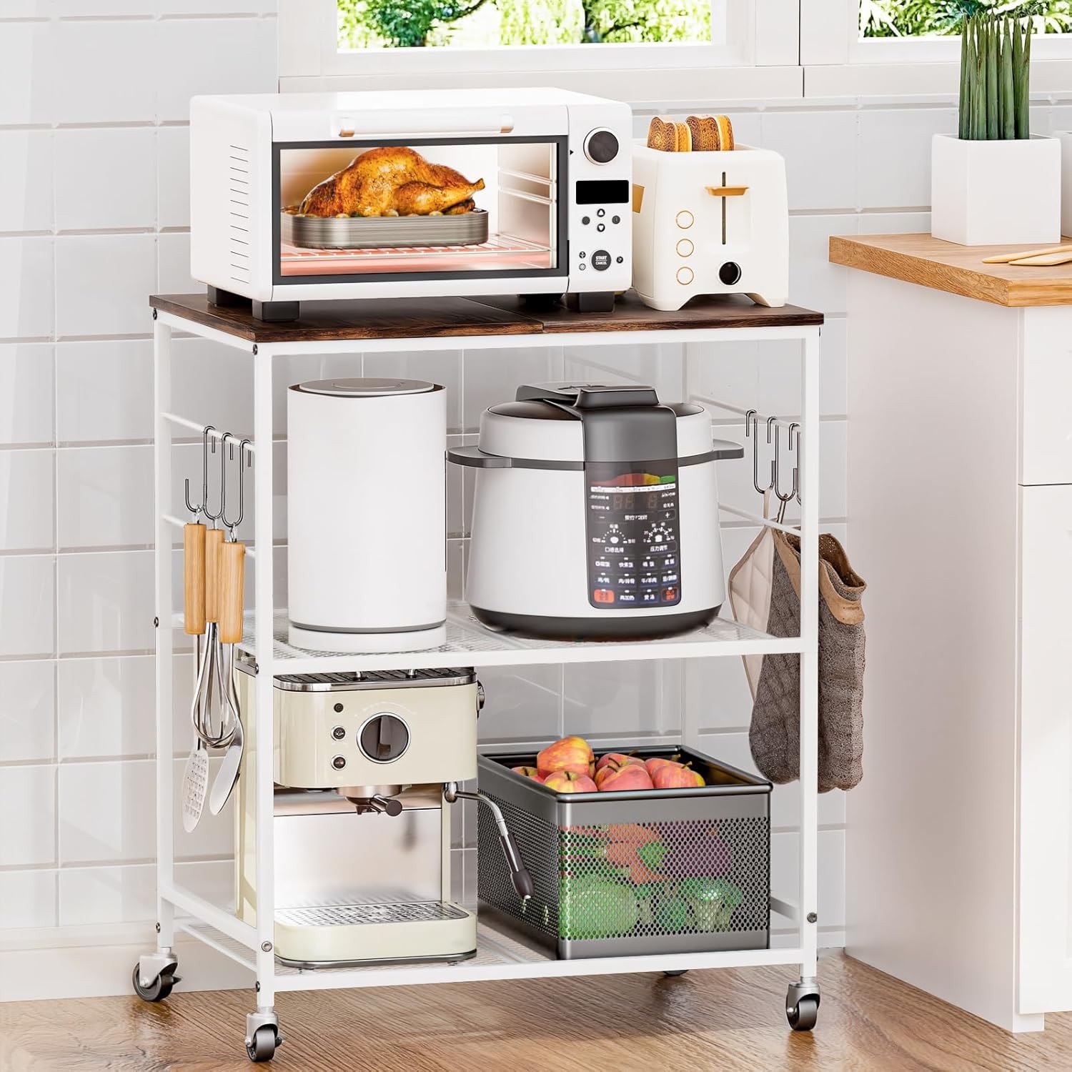 3-Tier Rolling Kitchen Cart Microwave Cart W/ Lockable Wheels Kitchen Utility