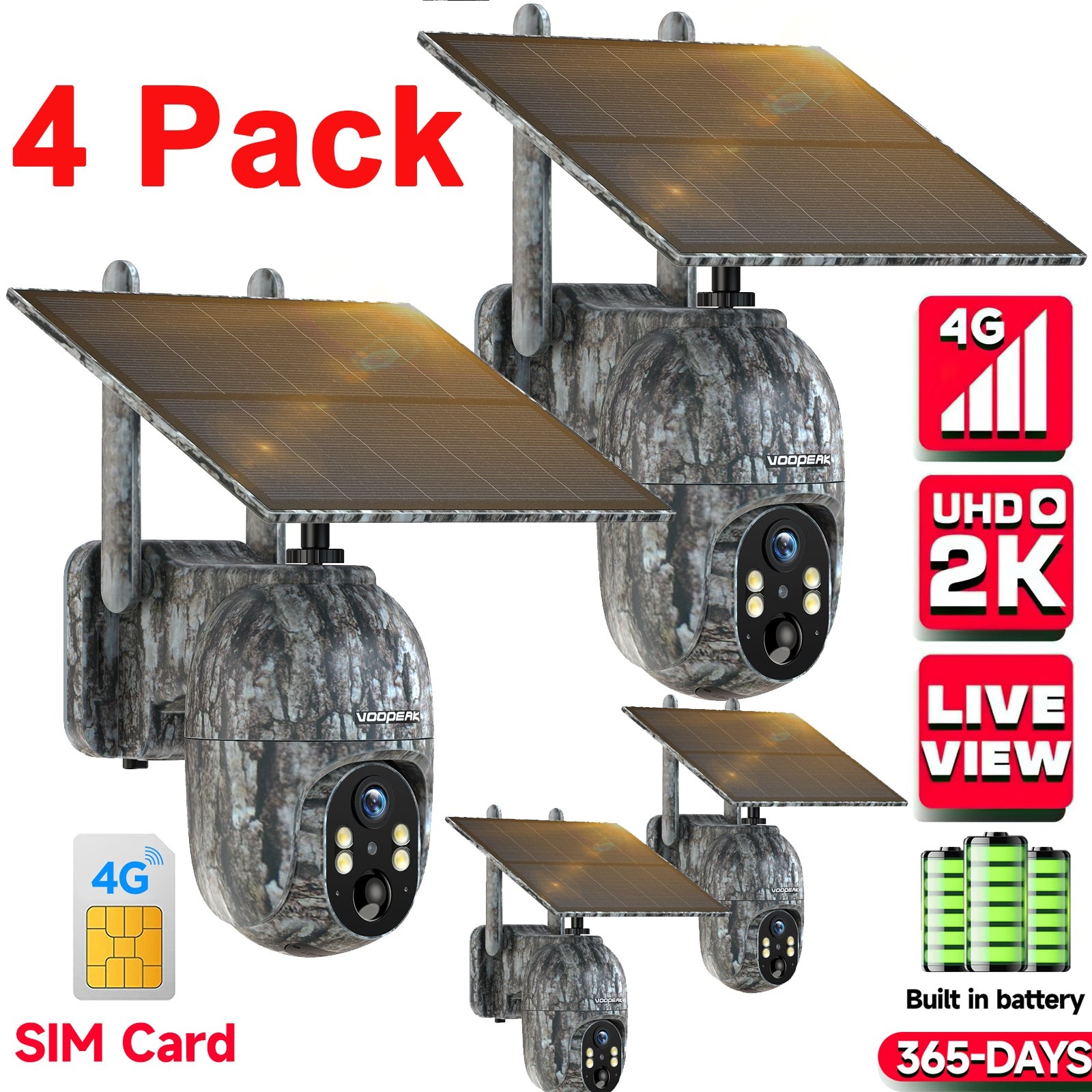 4Pack 1080P 4G LTE Solar 360° PTZ Trail Camera Game IP66 Security Cam SIM Card