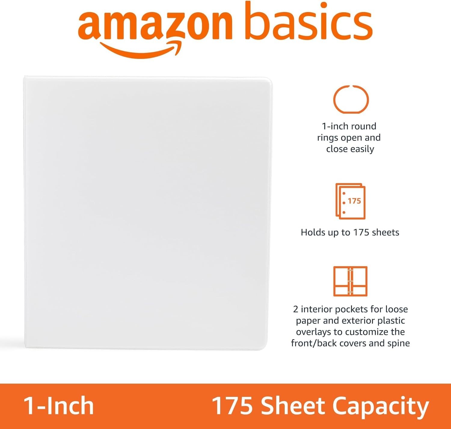 Amazon Basics 3-Ring Binder, 1-Inch, Customizable, with Pockets 1-Pack, White