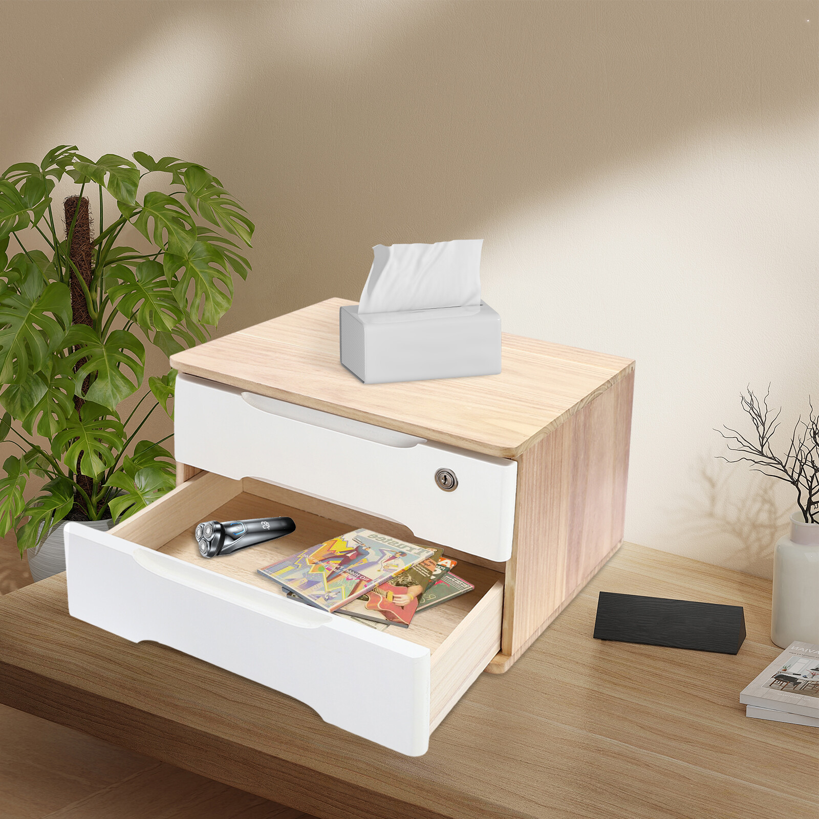 2 Tiers Wooden Desktop Storage Box Organizer With Lockable Drawers Office & Home