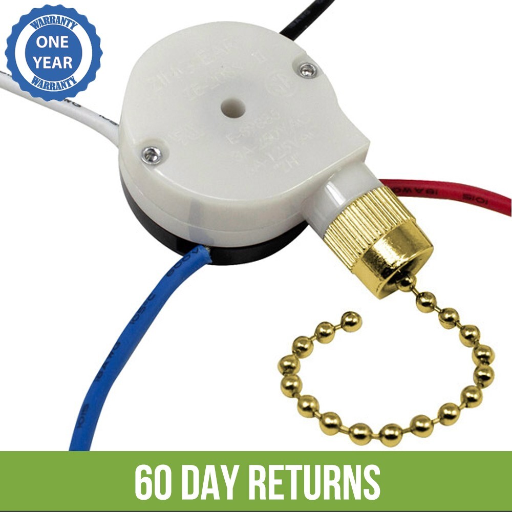 Zing Ear ZE-208S 3 Speed 4 Wire Ceiling Fan Pull Chain Switch Replacement Brass