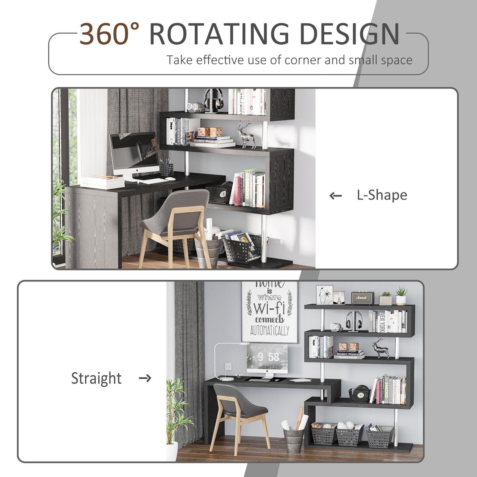 Hollow Core Hobby Corner Desk Computer Table Rotating 4 Tier Shelf Combo, Black