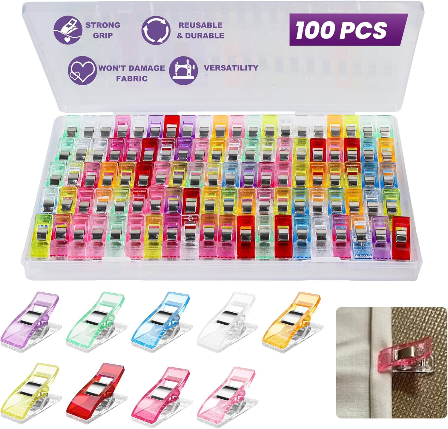 100Pcs Sewing Clips Quilting Craft Clips Multi-Colored Plastic Fabric Clamps