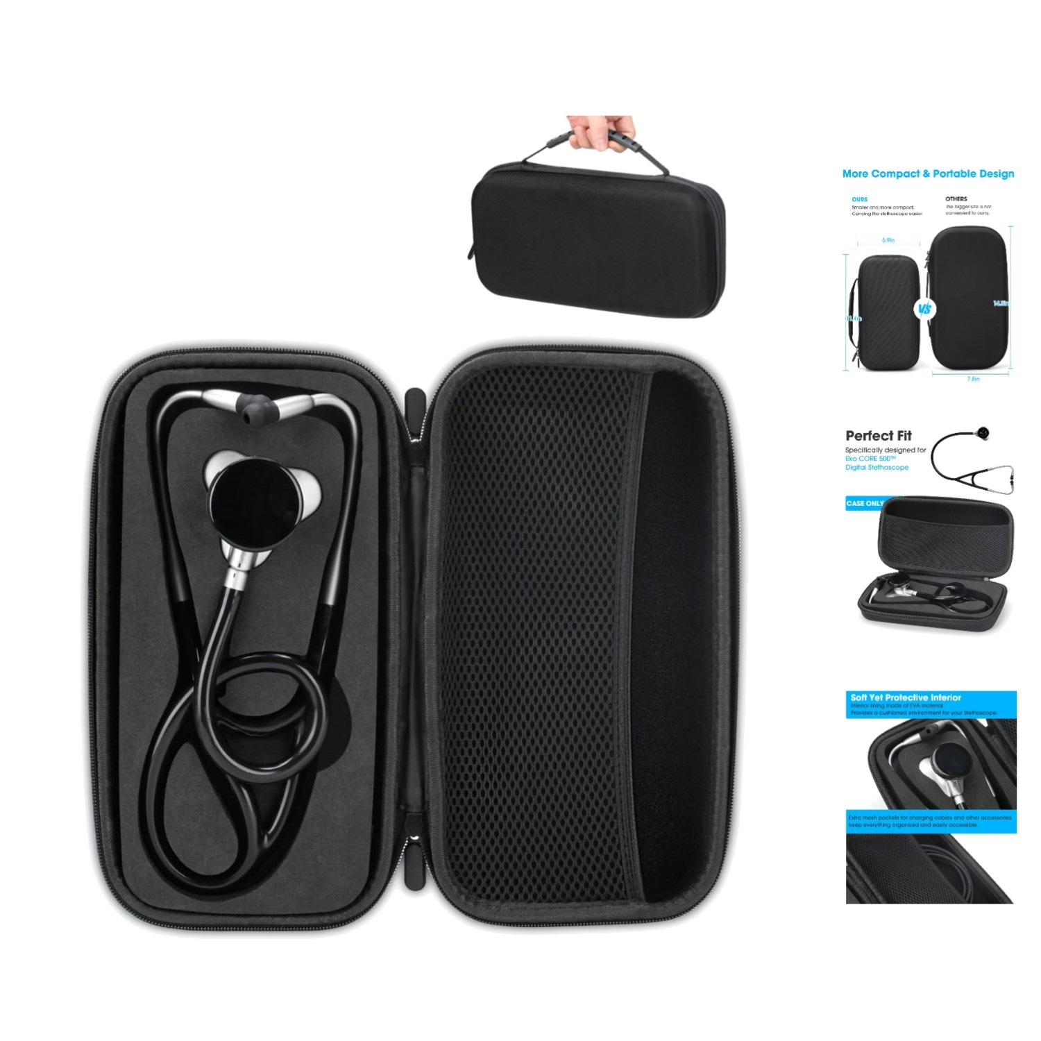 Durable Hard Case for Eko CORE 500 Stethoscope - Easy Carry with Extra Pocket