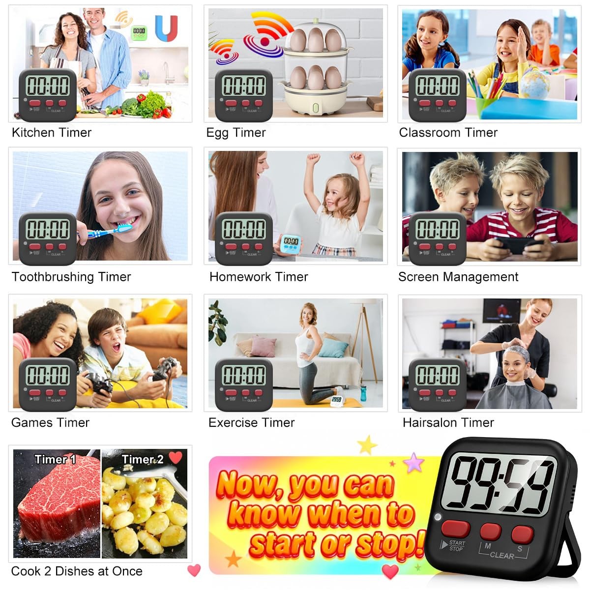 2 Pack Digital Magnetic Kitchen Timer for Kids Cooking Classroom