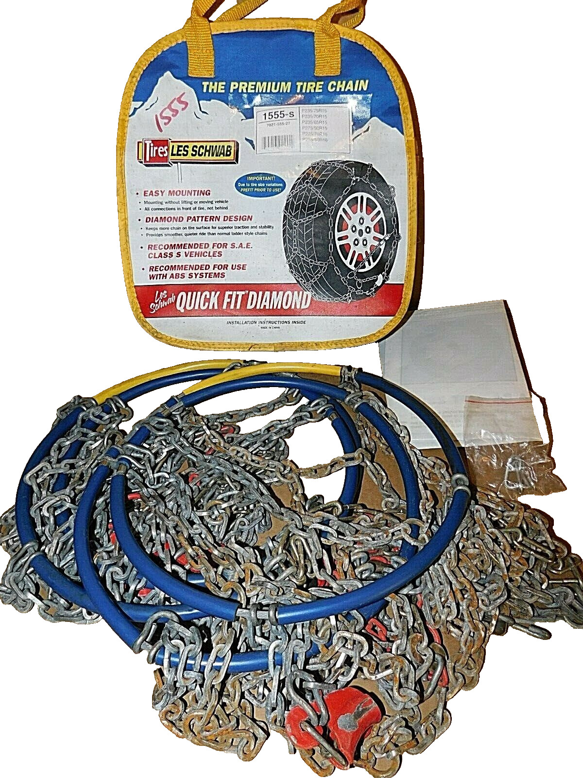 1555-s Les Schwab Quick Fit Diamond Pattern Tire Chains, 1 Pair - Used