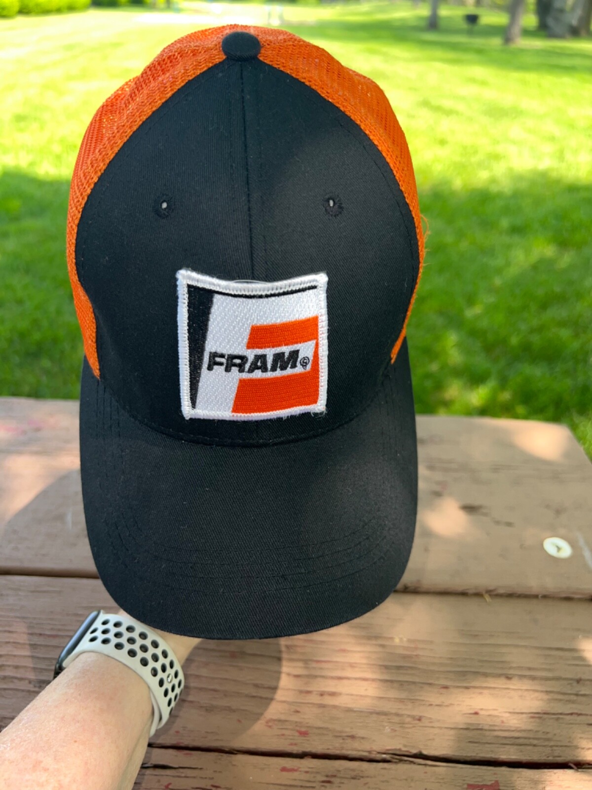 Fram Orange/White/Black Logo Patch on Black Orange Trucker Hat Cap Hook Loop EUC