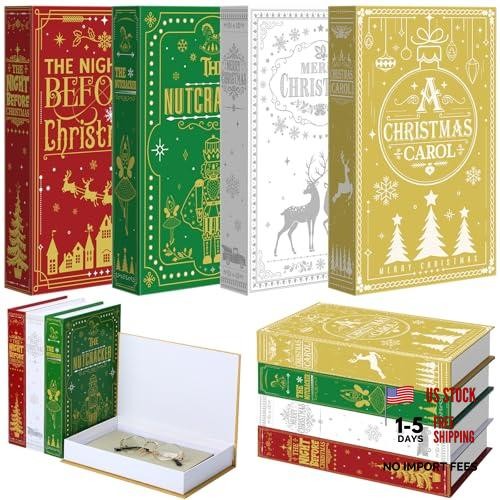 Set of 4 Christmas Decorative Faux Book Storage Box With Magnetic Cover -