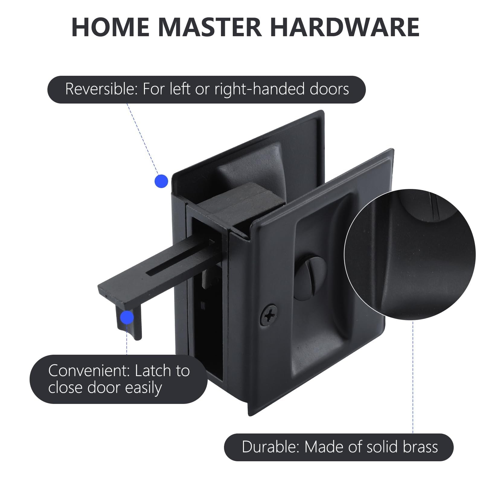 HOME MASTER HARDWARE Privacy Pocket Door Lock Pull 2-3/4”x2-1/2”, Black-1PACK