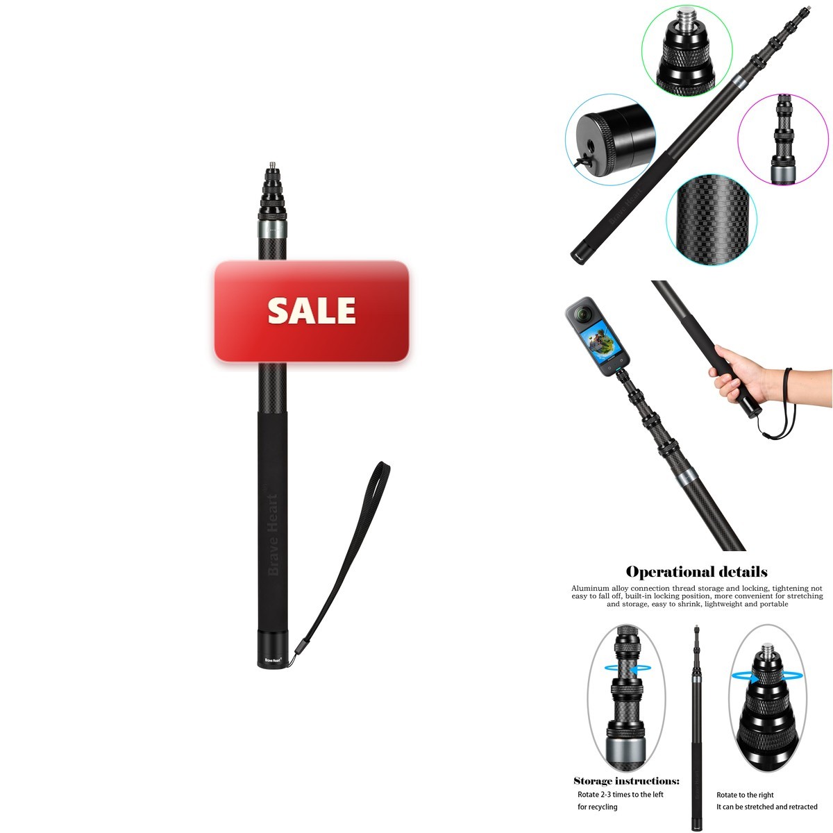 Brave Heart 118"/3m, 9.8ft Extended Super Long Invisible Carbon Fiber Selfie