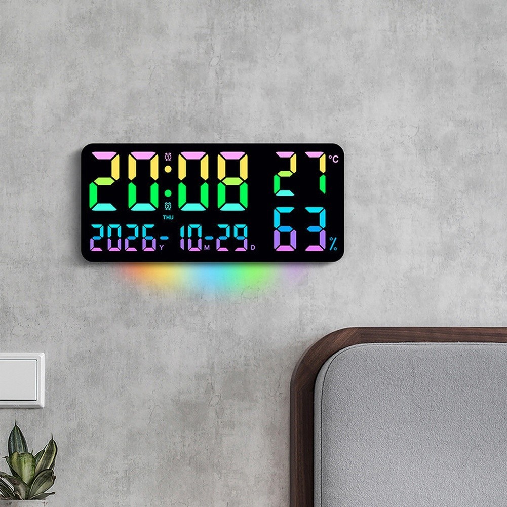 LED Wall Clock with RGB Light Effects Temperature Date Week Dual Alarm