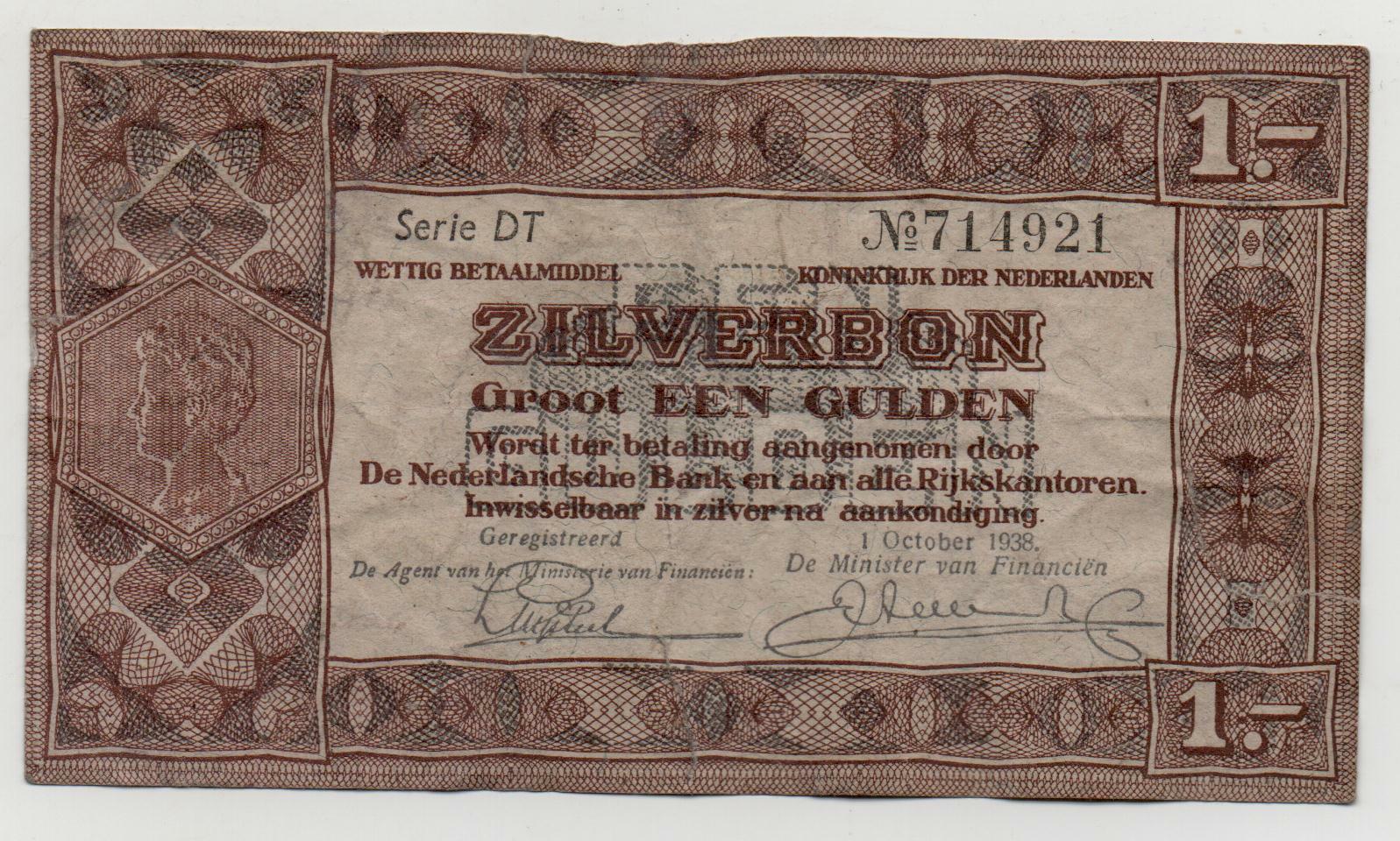 NETHERLANDS 1 GULDEN 1938 PICK 61 CUT LOOK SCANS