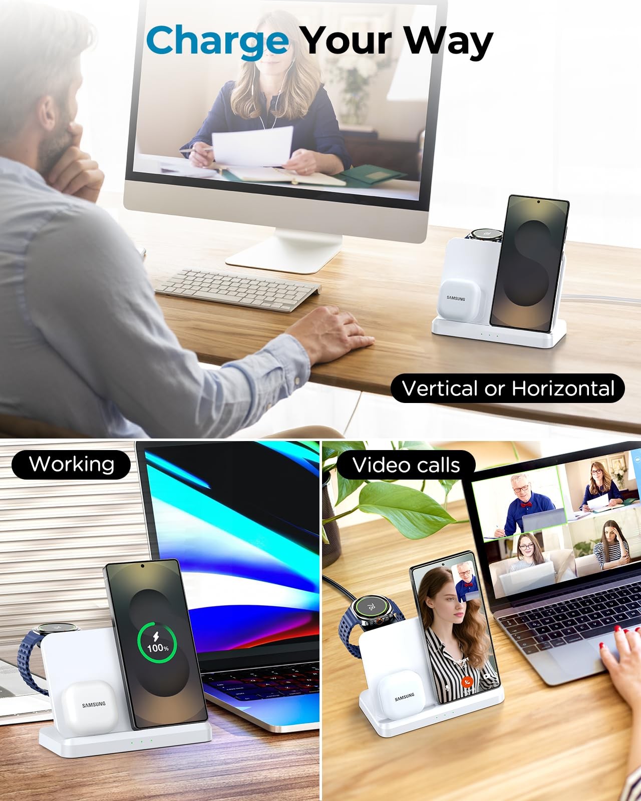 EGV Wireless Charger for Samsung – 3 in 1 Charging Station White